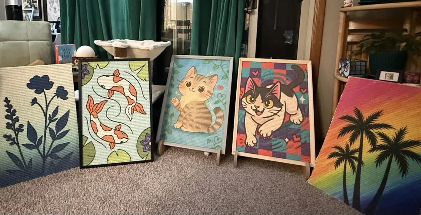 Five early framed Scratch Canvas prototype panels displayed together, including botanical, Koi, cat portrait, and rainbow palm designs.