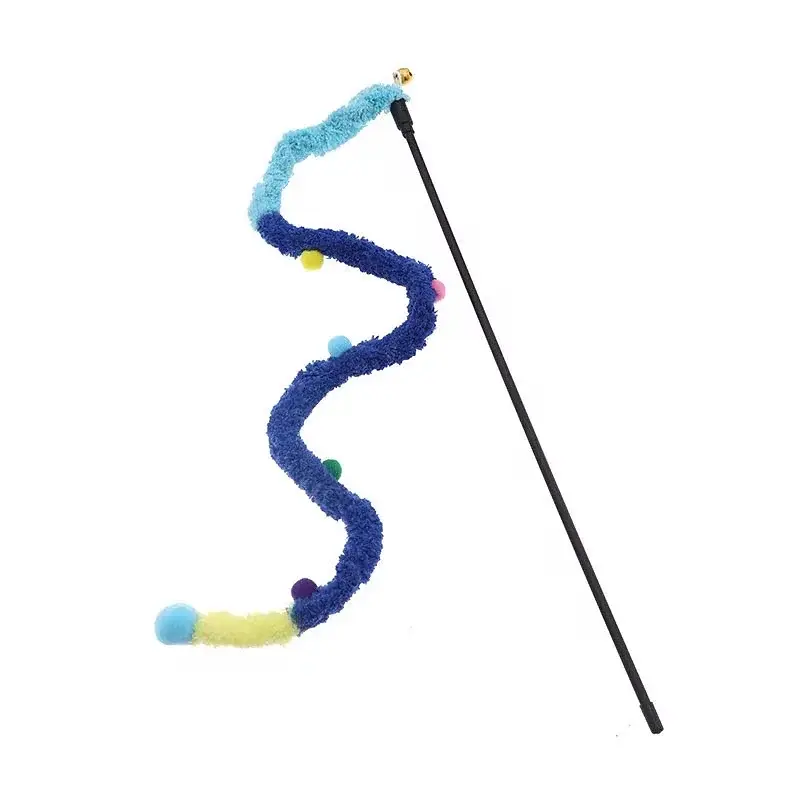 Bold blue fuzzy cat wand toy with small colorful pom-poms.
