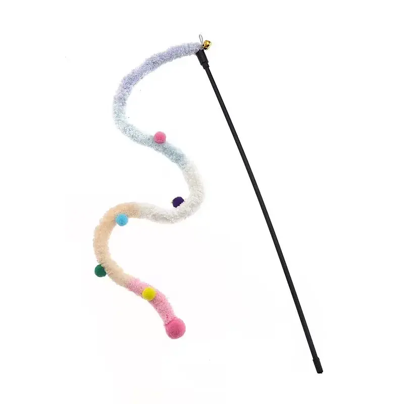 Multicolor fuzzy cat wand toy with small colorful pom-poms.