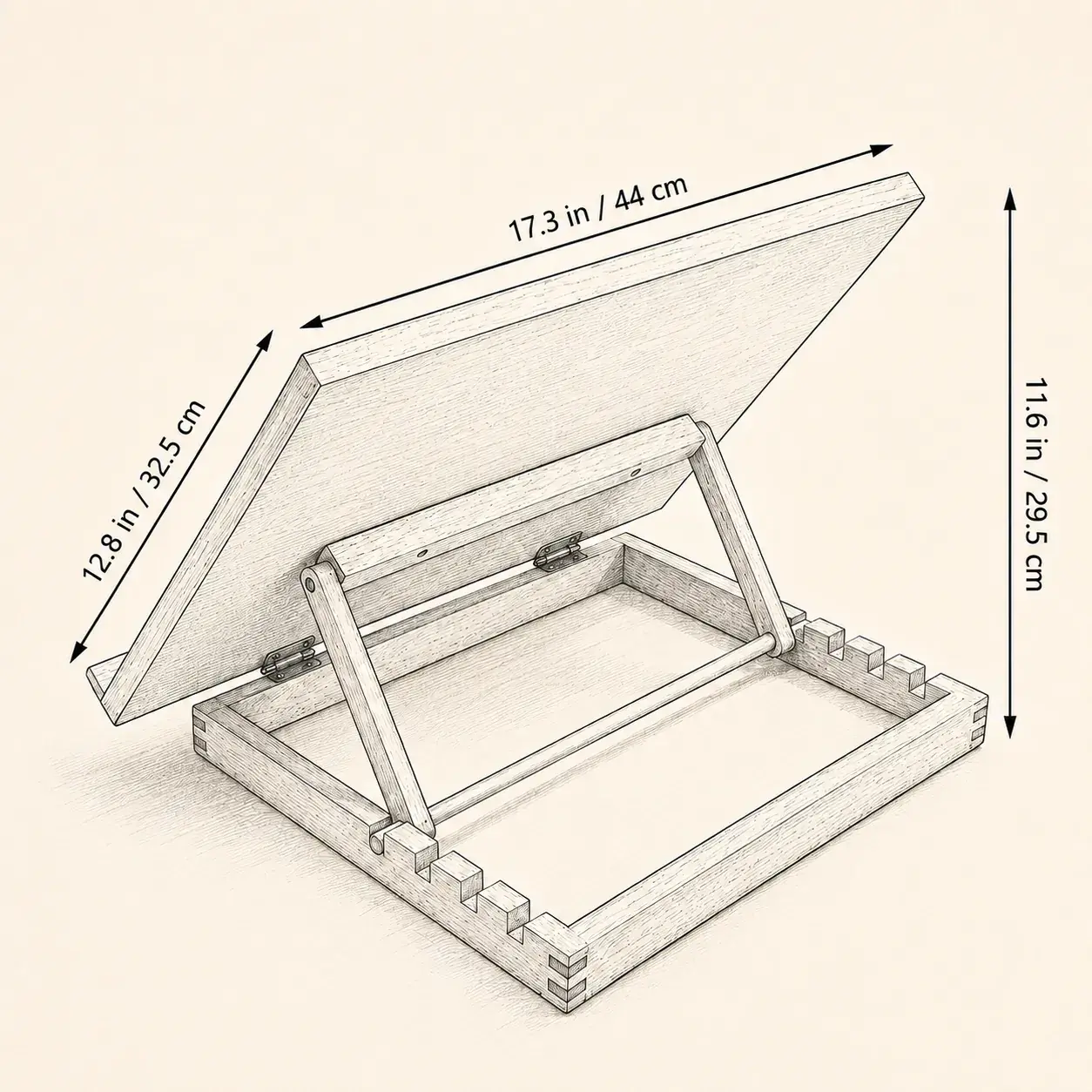 Dimension sketch of the wooden easel at its shown display angle, with arrows marking the width across the top, the depth down the near side, and the height up the far side.