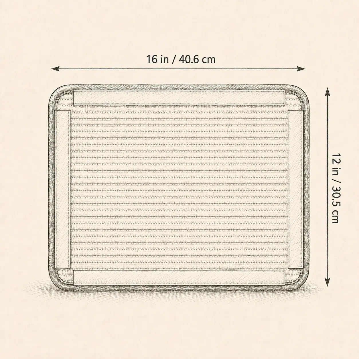 Dimension sketch of the scratch panel, with an arrow across the top marking its width and an arrow down the right side marking its height.