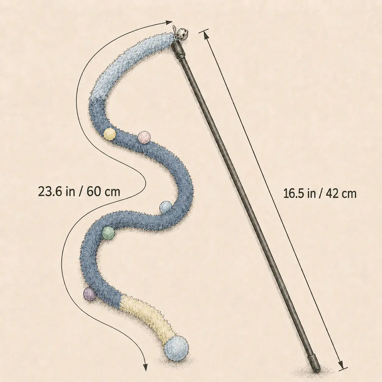 Dimension sketch of the Bold Blue Paintball Wand Toy showing a 23.6 in (60 cm) fuzzy toy section and a 16.5 in (42 cm) wand rod.