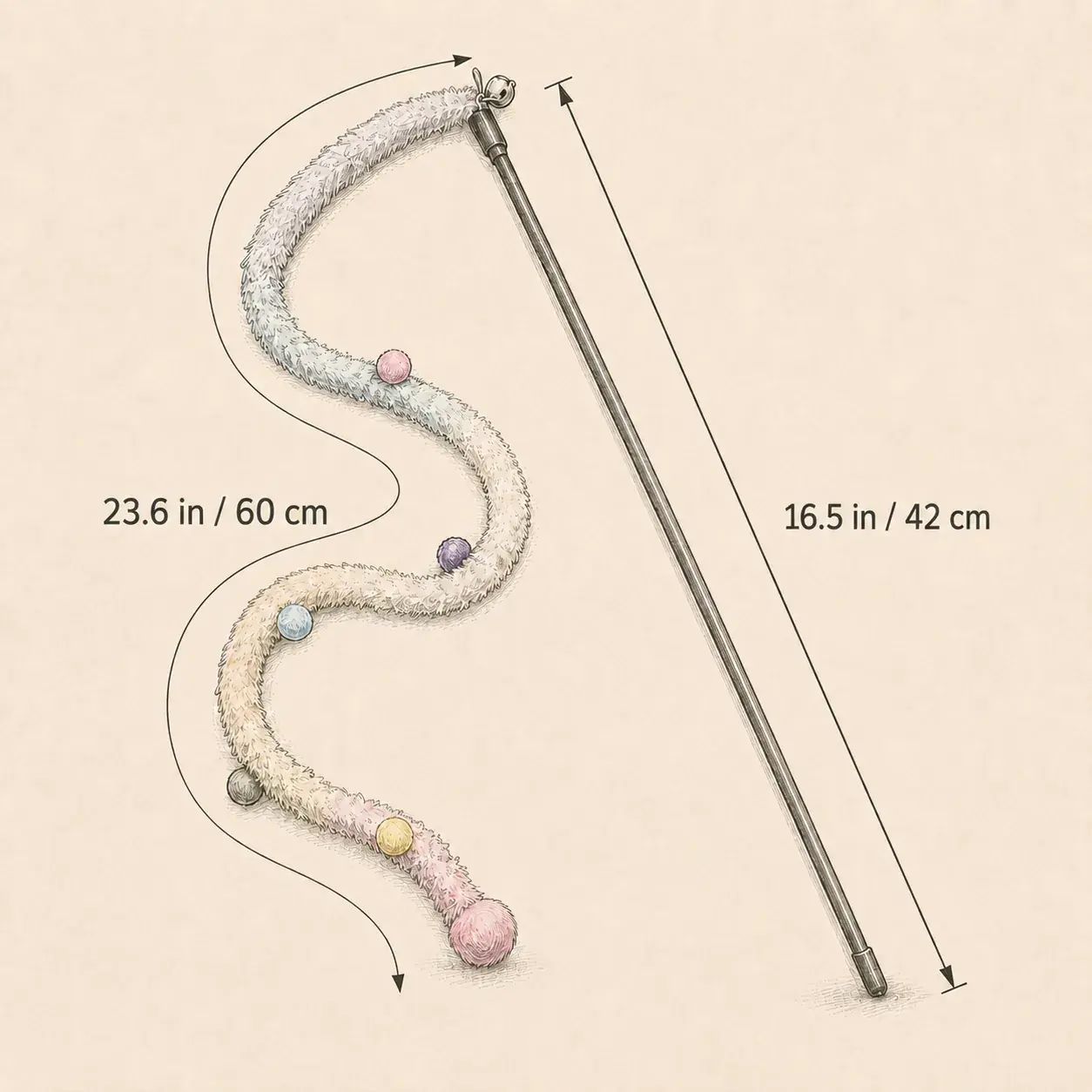 Dimension sketch of the Pastel Paintball Wand Toy showing a 23.6 in (60 cm) fuzzy toy section and a 16.5 in (42 cm) wand rod.