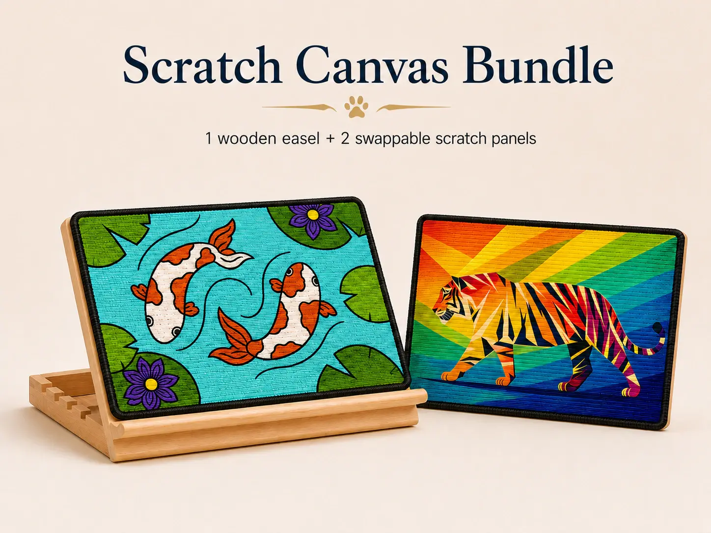 Scratch Canvas Bundle with wooden easel, Koi scratch panel, and Tiger scratch panel.