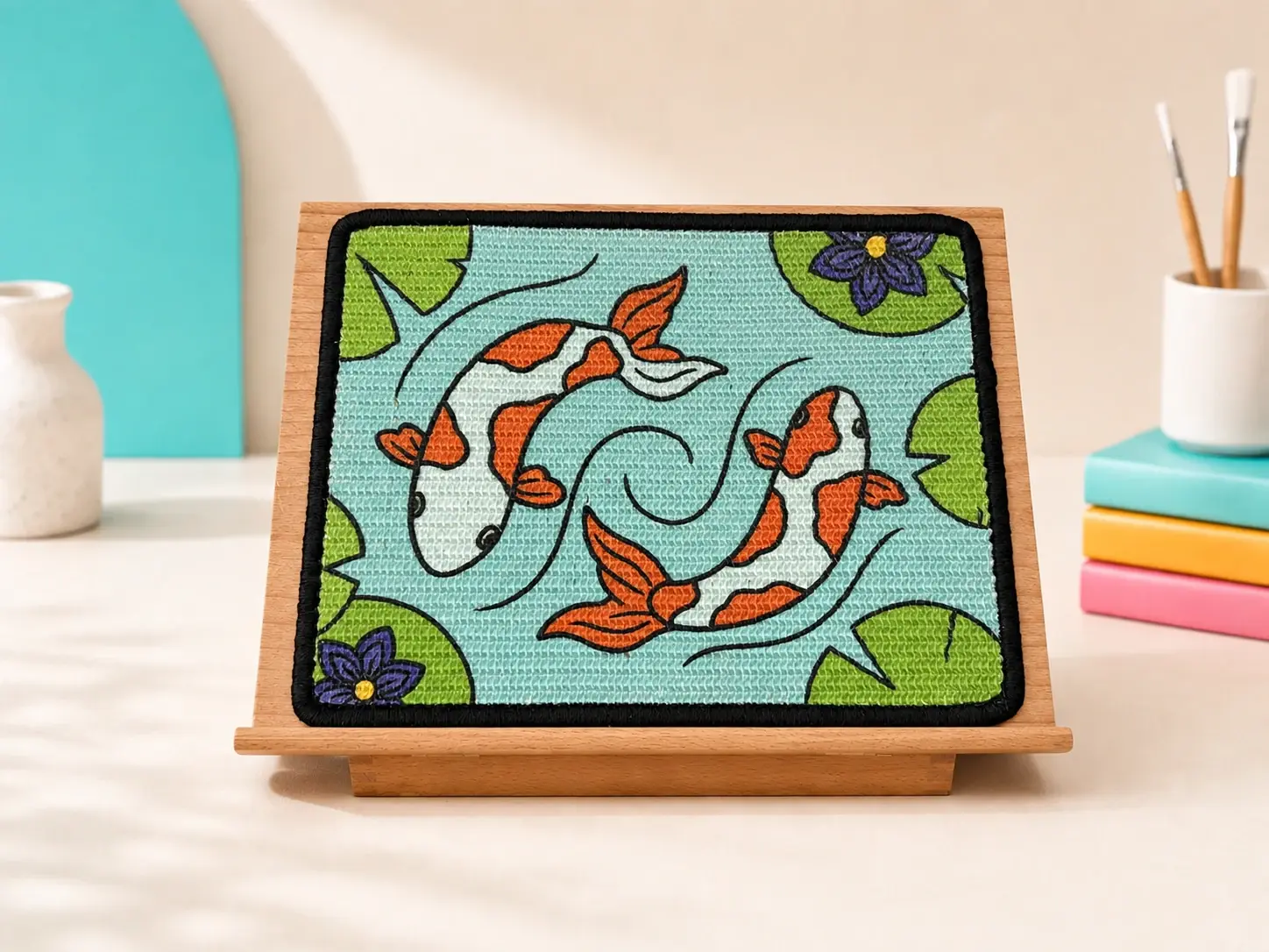 Koi scratch panel displayed on a wooden easel.