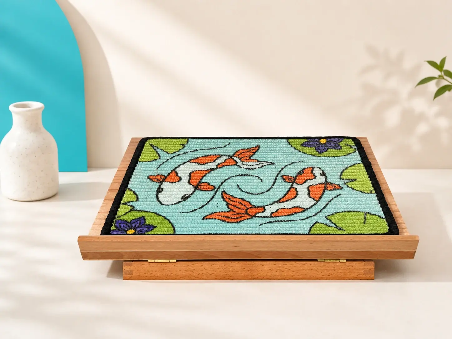 Koi scratch panel reclined at a low angle on the wooden easel.