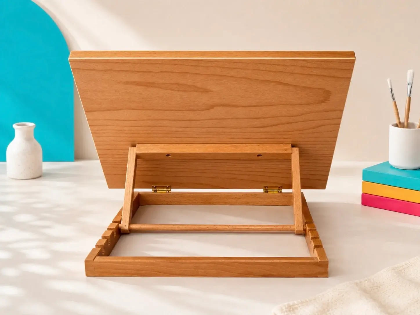 Rear view of the wooden easel showing the adjustable support and base.