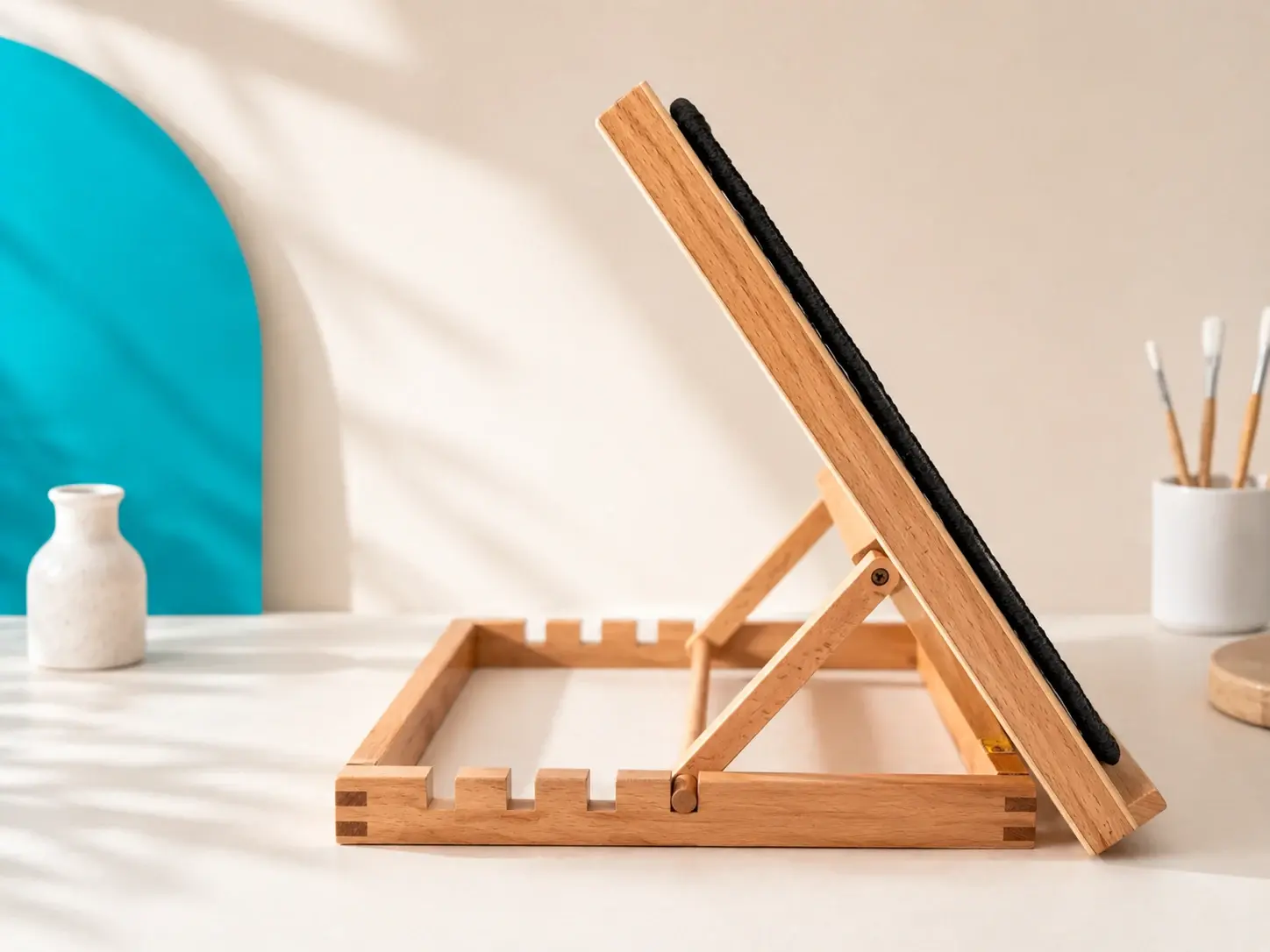 Side view of the wooden easel with the Koi scratch panel displayed at an angle.
