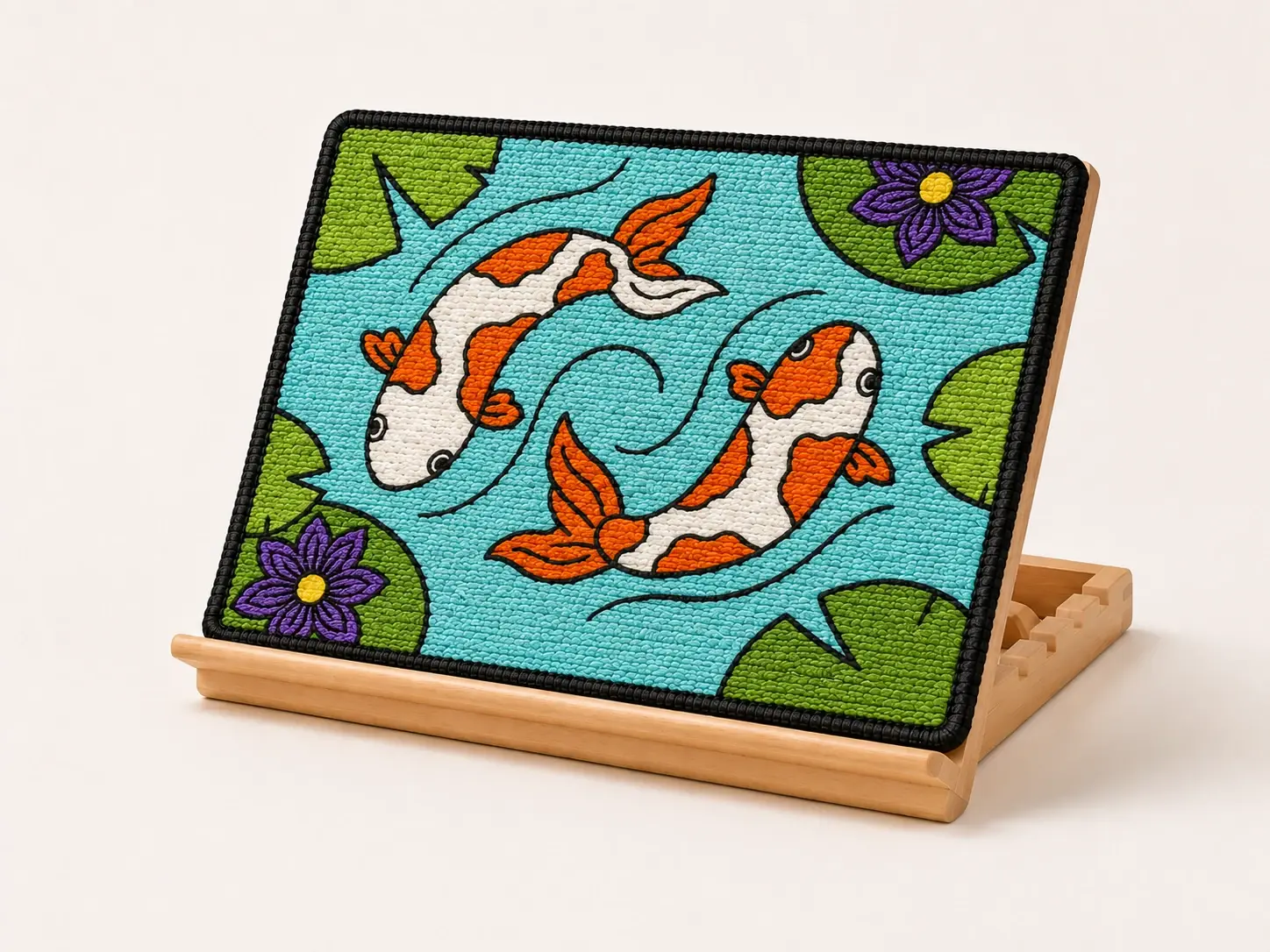 Concept mockup of the Koi scratch panel displayed on a wooden easel.