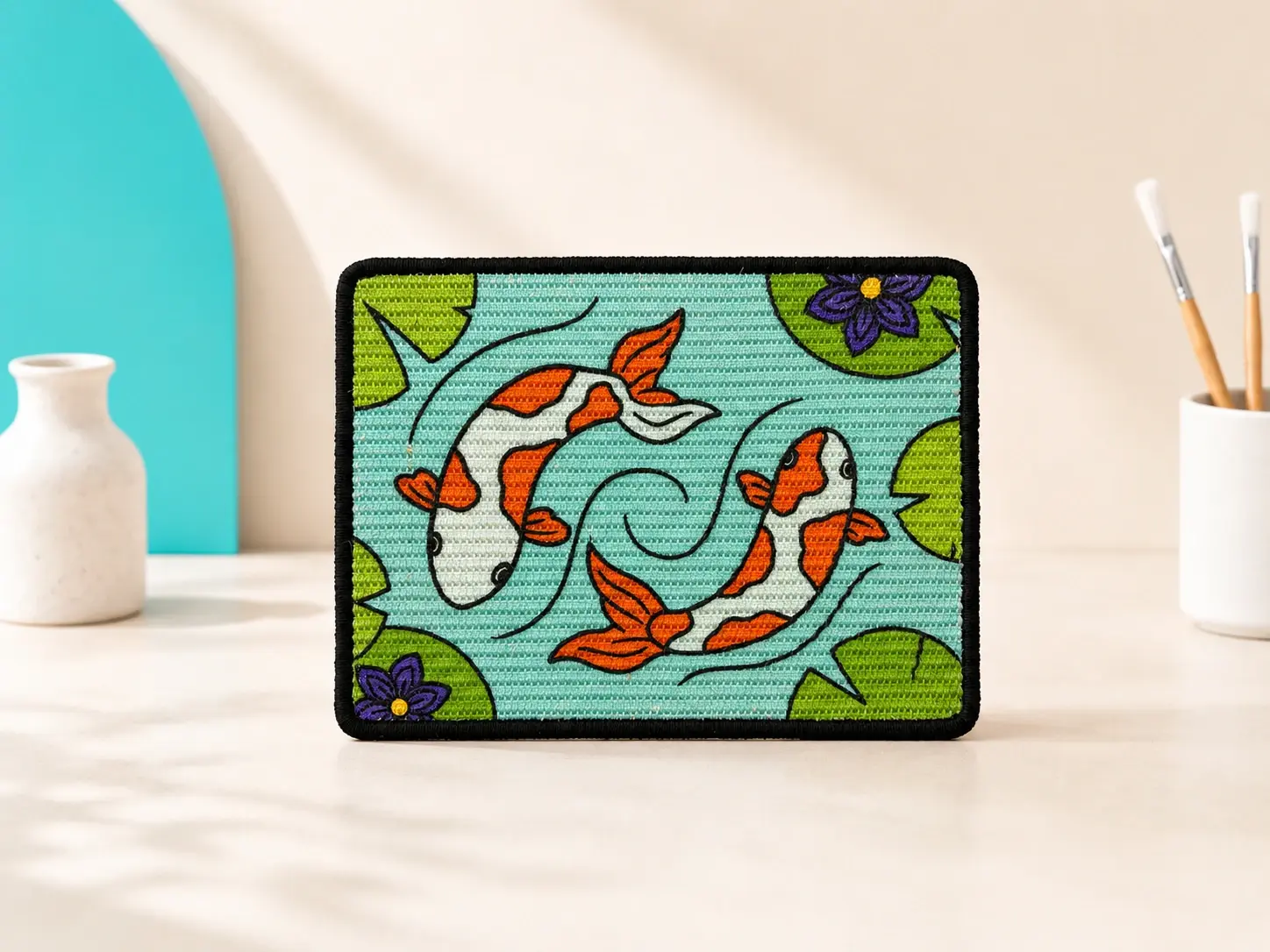 Koi replacement scratch panel with a black bound edge standing upright on a studio surface, no easel.