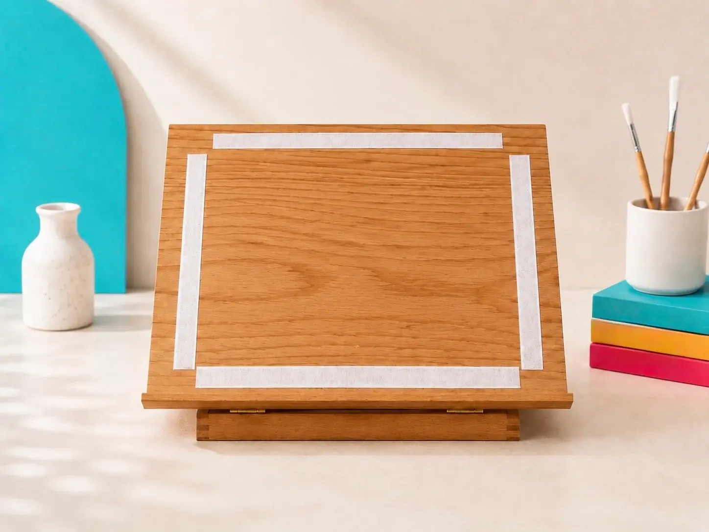 Front view of the bare wooden easel with hook-and-loop fastening strips applied around the panel area.