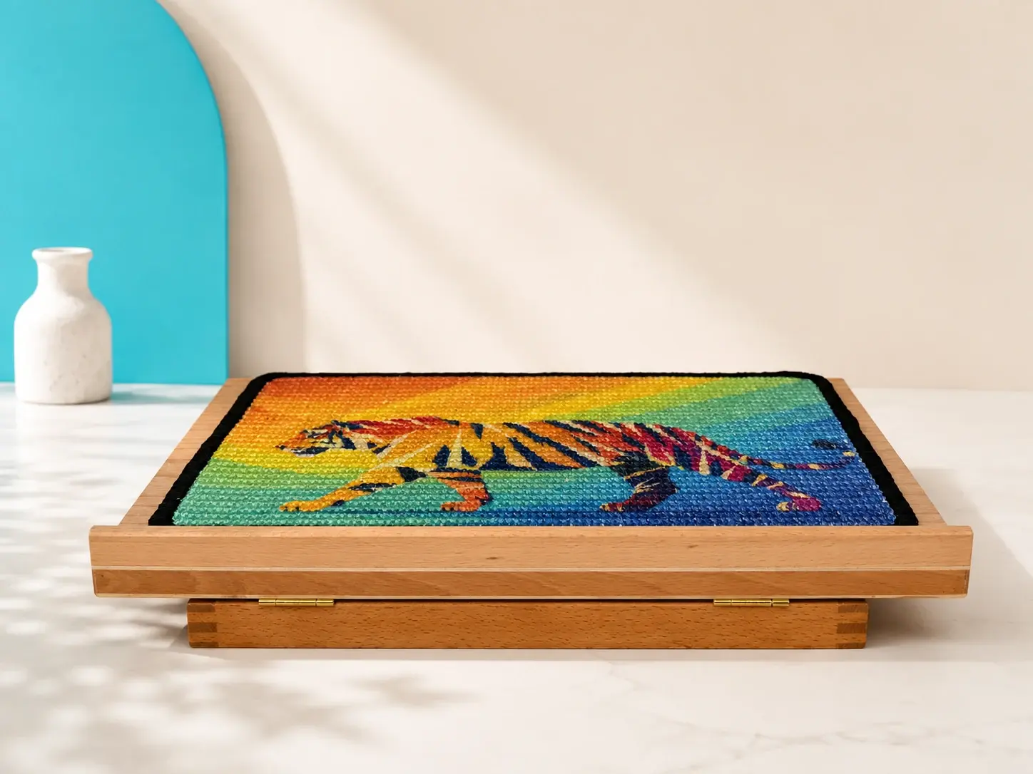 Tiger scratch panel lying flat on the folded wooden easel.