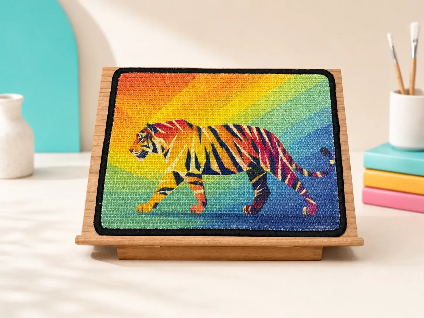 Tiger scratch panel displayed upright on a wooden easel, viewed from the front.