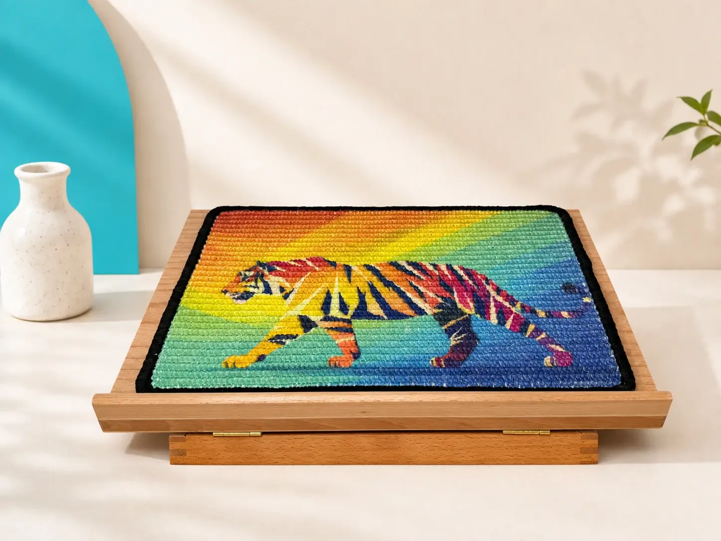 Tiger scratch panel displayed at a middle angle on the wooden easel.