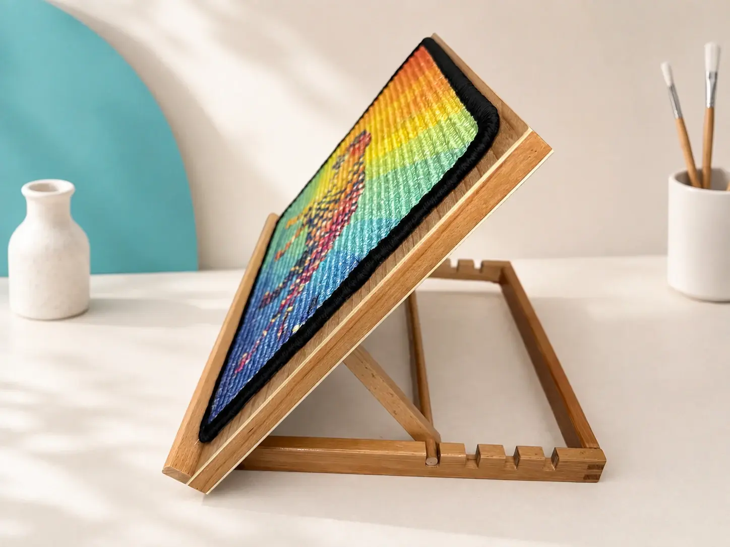 Side view of the wooden easel with the Tiger scratch panel displayed at an angle.
