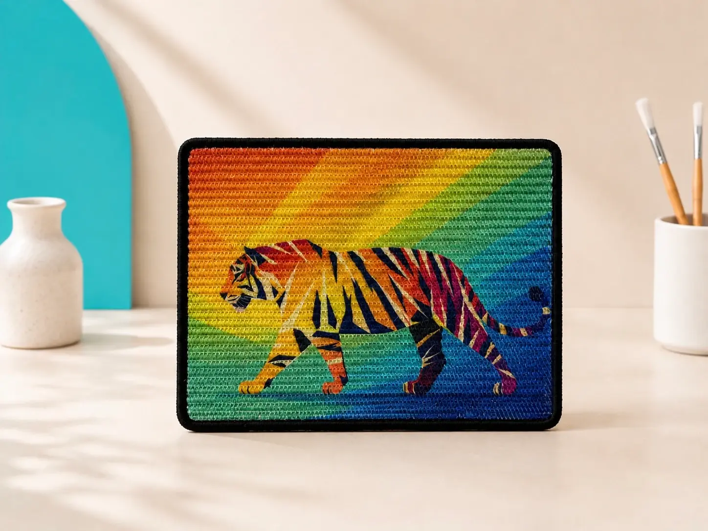 Tiger replacement scratch panel with a black bound edge standing upright on a studio surface, no easel.