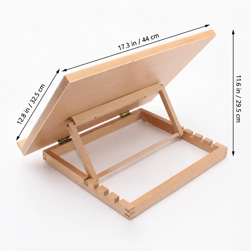 Rear view of the wooden easel showing adjustable-angle notches and dimensions of 17.3 inches wide, 12.8 inches deep, and 11.6 inches high.
