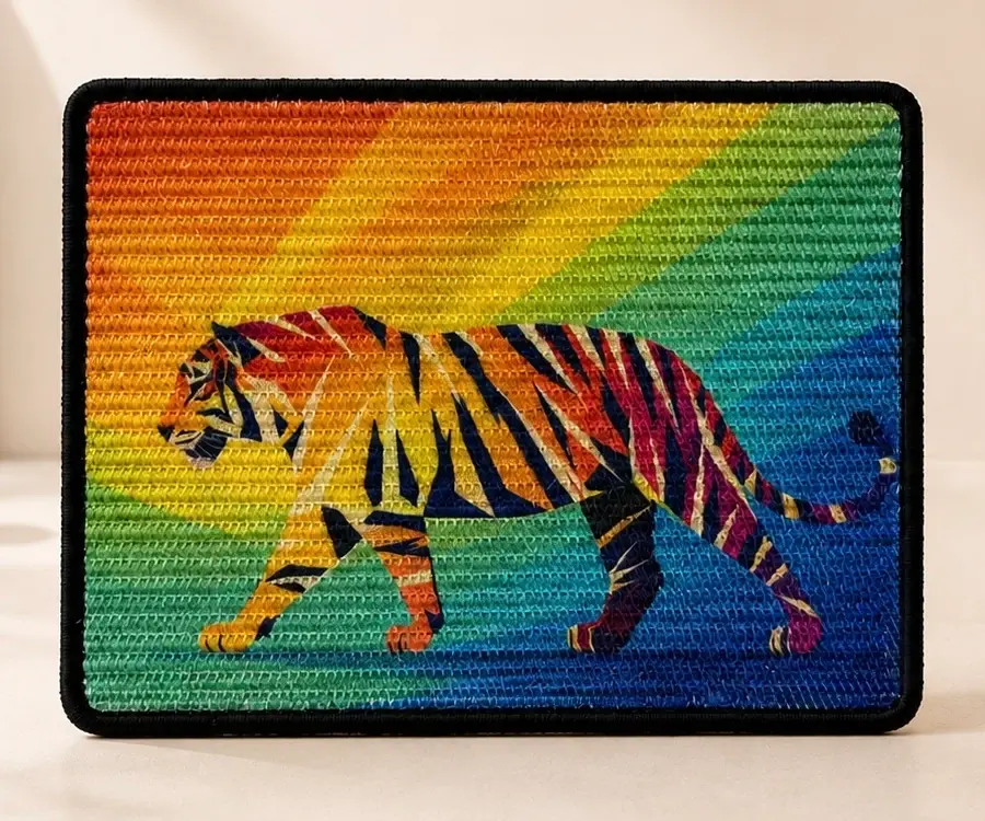 Close view of the Tiger scratch panel and black bound edge.